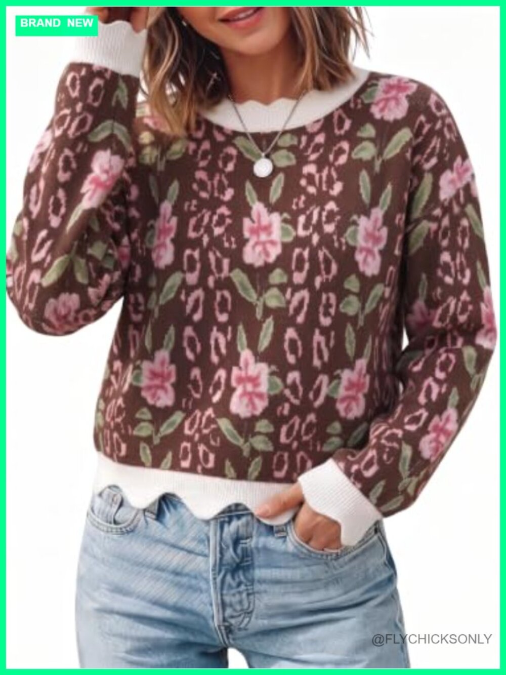 Womens Long Sleeve Scalloped Trim Loose Fit Sweater Pullover